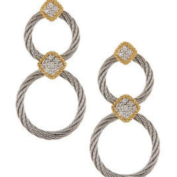 ALOR 18K Gold Stainless Steel Classique Diamond Pave Double Hoop Drop Earrings - Picture 1 of 10